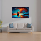 A canvas print featuring a vibrant painting with a boat, tree, and a colorful sky displayed above a gray sofa with two blue cushions.