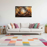 A canvas painting with a abstract design featuring swirls of gold and dark colors, displayed above a white sofa with multiple colored cushions on a colorful rug.