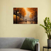 A canvas print depicting a painting of a woman walking in a street during autumn, with orange trees and a building in the background.