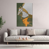 A canvas print featuring an artistic representation of a horse, with predominantly green and yellow colors, displayed above a grey sofa in a room with minimal decor.
