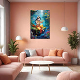 A canvas painting of Lord Krishna displayed in a modern living room setting.