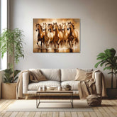 running horses painting, Vastu horse art, golden horse canvas, success wall art, luxury home décor.