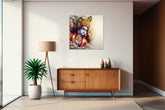 A framed canvas print of Lord Krishna in a modern living room setting with a wooden furniture and a green plant.