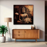 A canvas print depicting a seated Buddha figure with a lotus flower in front, placed above a wooden sideboard in a room with a light-colored wall.