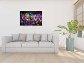 A vibrant abstract painting featuring a floral pattern in multiple colors displayed above a white sofa in a well-lit room.