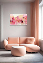 pink abstract canvas, luxury floral painting, gold accent wall art, feminine décor, modern abstract flowers.