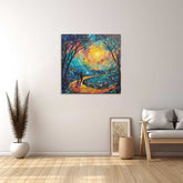 A canvas painting titled 'Forest At Night' displayed on a wall, featuring an artistic representation of a forest with a glowing celestial body in the sky, accompanied by a wooden chair, a potted plant, and a framed picture.