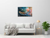 This image features a vibrant and colorful canvas print titled "Feathers Texture Leaf" by AKAR CREATION, displayed in a modern living room setting. The artwork is a blend of bold and soft hues, depicting an abstract scene that may remind viewers of a bird in flight against a night sky, infused with a whimsical, dreamlike quality.
