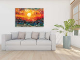sunset wall art, mosaic canvas painting, ocean sunset décor, vibrant landscape artwork