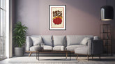 A canvas print featuring a traditional Indian gond art scene displayed on a wall above a modern sofa, with a potted plant and minimalist decor.