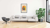 A canvas print featuring a colorful parrot design artwork, framed or unframed, displayed on a wall above a modern living room setup with a sofa, armchairs, and a potted plant.