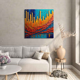 A canvas print titled 'Colorful City Scapes' displayed on a wall above a sofa, with a vibrant abstract cityscape design.