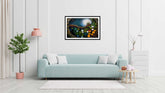 A framed canvas print featuring a vibrant garden pond scene, displayed on a wall above a light blue couch with a wooden frame, in a well-lit, modern living room setting.