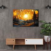 A canvas print featuring an abstract painting with warm sunset colors displayed on a wall above a modern console table.