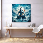 A canvas painting depicting the Hindu god Shiva seated cross-legged on a rock, with a trident, against a blue sky with clouds.