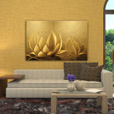 A canvas print featuring a golden lotus flower positioned above a beige sofa, with a wooden frame, in a room with a window and a purple flower vase on the side.