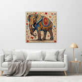 A canvas print featuring a colorful illustration of an elephant with a traditional and decorative pattern, displayed on a wall above a modern sofa with a wooden frame and a lamp.
