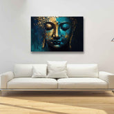 A canvas print of a Buddha face with a blue and gold color scheme, displayed above a white sofa in a room with minimal decor.