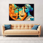 A canvas print featuring an abstract representation of a figure holding scales, symbol of justice, with a colorful background, displayed above a beige sofa with blue cushions.
