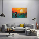 A canvas painting depicting a colorful abstract scene with a prominent yellow circle, displayed in a modern living room setting.