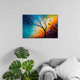 A vibrant canvas print featuring a tree with colorful leaves in shades of blue, orange, and green, with birds perched on the branches, displayed above a grey sofa with a plant to the left.