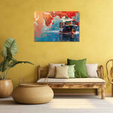 A canvas painting of a large container ship displayed on a yellow wall above a wooden sofa with green and beige cushions. The painting features abstract elements in red and blue, creating a vivid background for the ship.