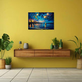A canvas painting titled 'Fishing On A Lake' displayed on a yellow wall in a room with a wooden floor, a wooden cabinet, and a potted plant.