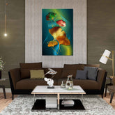 A canvas print featuring an abstract painting of colored feathers displayed above a sofa in a living room setting.
