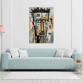 A contemporary abstract painting of a stylized face with prominent, exaggerated features, displayed above a light blue sofa in a minimalistic living room setting.