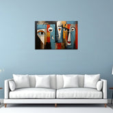 A modern abstract painting featuring geometric shapes in various colors displayed above a white sofa on a blue wall.