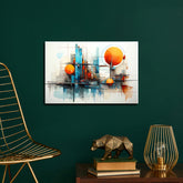 A modern abstract canvas print featuring geometric shapes in a cityscape style, displayed in a home setting with decorative objects.