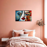 A modern abstract painting featuring geometric shapes in blue, red, and beige applied to a wall in a bedroom setting.