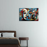A modern abstract painting featuring geometric shapes displayed above a bed in a room with white walls.