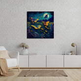 A framed artwork featuring a vibrant nighttime scene with butterflies and flowers, displayed on a white wall in a room with minimalist furniture and decor.