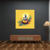 A canvas print of the Hindu deities Radha and Krishna, presented in a colorful artistic style, displayed in a modern interior setting.