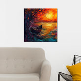 A canvas painting featuring an abstract floral pattern with a boat and tree, displayed above a sofa in a room setting.