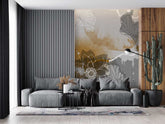 Elegant living space featuring a gray sectional sofa and a striking floral wallpaper design