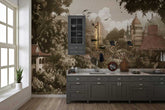 Serene kitchen with gray cabinets and a vintage-inspired wallpaper featuring a lush landscape with trees, buildings, and birds in muted earthy tones.