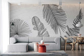 Tropical leaf pattern wallpaper in a modern living room