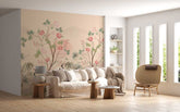 Elegant room with floral pattern on wall and soft, warm decor