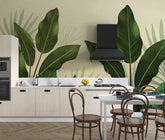 Nature-inspired wall design with banana leaves and natural textures