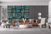 Artistic wallpaper showing patchwork patterns of stitched blocks, florals, and checks.