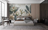 A serene bedroom oasis with a stunning floral wallpaper, plush bedding, and modern furniture.