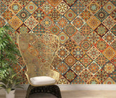 A colorful wallpaper with a dynamic diamond-shaped pattern, featuring a mix of floral motifs and geometric shapes in a range of warm and cool tones.