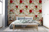 Retro rose pattern wallpaper with vintage-style pink roses and muted green leaves.