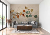 Botanical wallpaper featuring falling acacia leaves in rustic autumn tones.