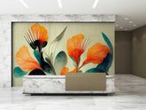 Elegant floral wallpaper with orange petals and teal leaves on beige background