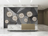 A section of wallpaper featuring a geometric pattern with abstract floral elements in a lobby setting.