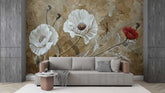 Beige textured wallpaper with white and red poppy flowers.