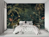 Tropical jungle wallpaper with hornbill birds and palm trees.